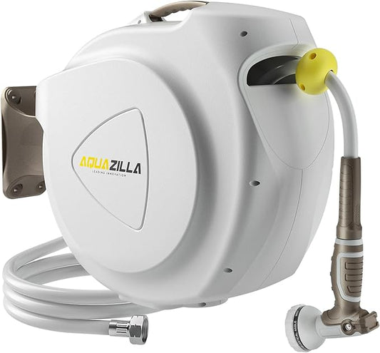 Retractable Garden Hose Reel, 5/8 in 100+6 ft, Heavy Duty Wall Mounted Water Hose Reel, Spring Power Automatic Rewind, Any Length Lock, 180° Swivel Bracket, 10 Pattern Spray Nozzle