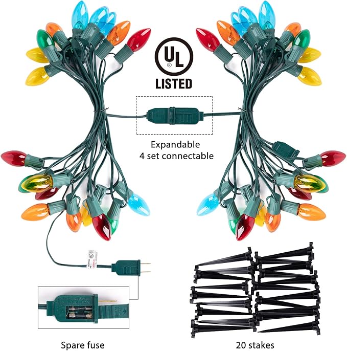 Brightown 2 Pack C9 Christmas String Lights Outdoor, Total 51.4 Feet 40 Bulbs Pathway Lights Waterproof Replaceable for Indoor Xmas Party Holiday Wedding Commercial Decorations, Multicolored