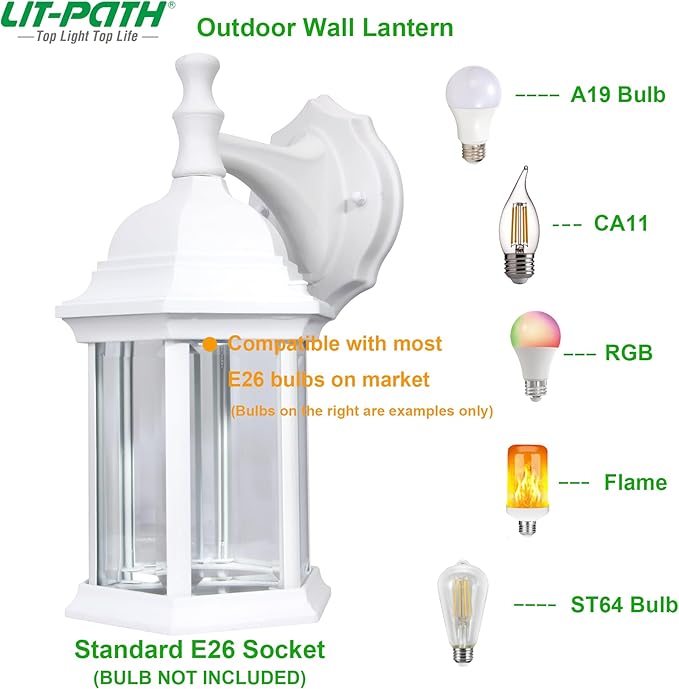 LIT-PaTH Outdoor Wall Lantern, Wall Sconce as Porch Lighting Fixture, E26 Medium Base Max 60W, Aluminum Housing Plus Glass, Matte White Finish, 1-Pack