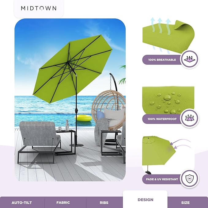 Midtown Umbrellas 10-Year-No-Fade - 10 Ft - UV Proof Pear (Green) Polyester Fabric - Umbrella Outdoor Patio, Aluminum Frame Large Patio Umbrella for Garden, Pool & Deck - Black Pole