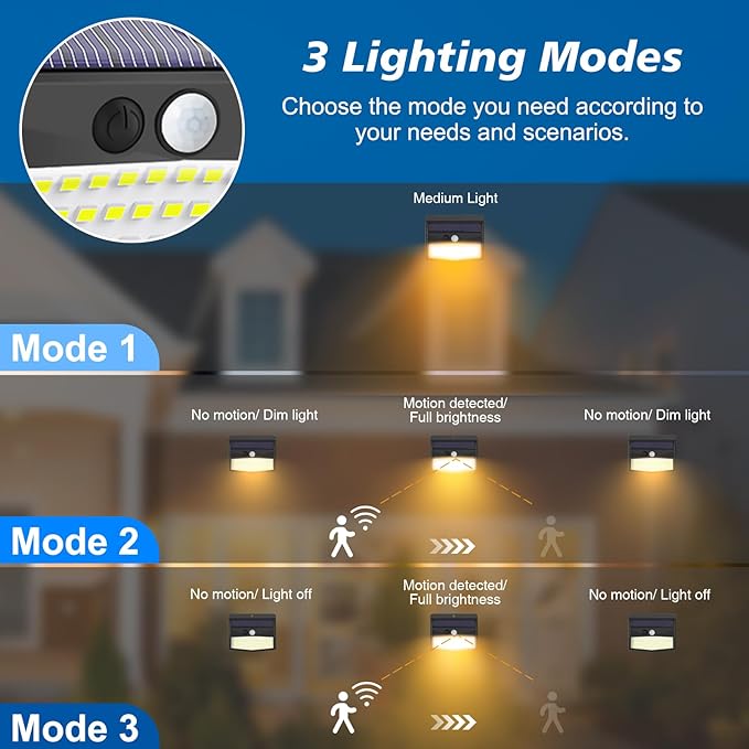 [138 LED/8 Packs] Solar Motion Sensor Lights Outdoor Waterproof with 3 Lighting Modes Solar Wall Lights Solar Security Powered Lights for Garden Fence Yard Deck Garage, Warm White
