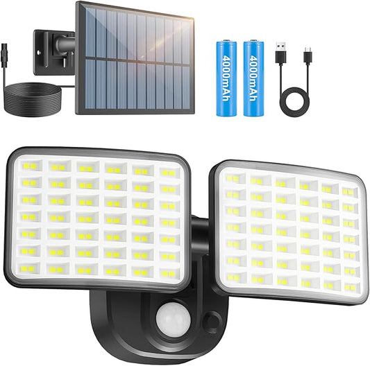 Rechargeable Battery Powered Motion Sensor Outdoor Lights 3 Months Endurance, 3000LM LED Flood Light Outdoor Supports Solar & USB Charging for Garage Yard Entryways Patio Garden