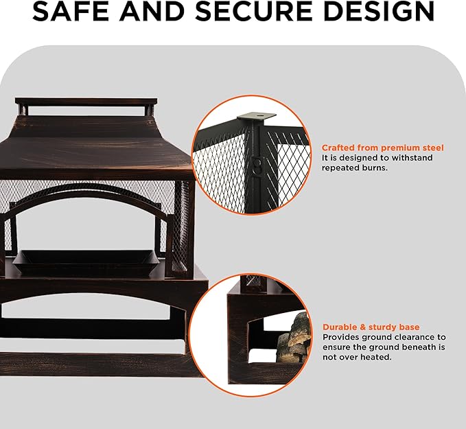 Red Mountain Valley 37in Outdoor Wood Burning Fireplace, Large Outdoor Fire Pit with Log Grate and Poker, Chimney Outside Fireplace with Firewood Racks Storage for Patio, Garden and Backyard