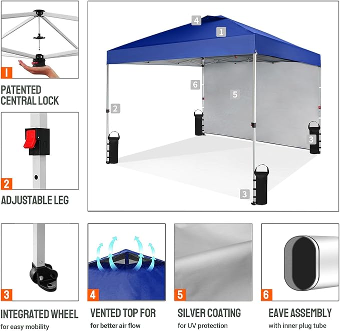 CROWN SHADES 10x10 Pop Up Canopy with 1 Side Wall - Beach Tent with One Push Setup - Outdoor Sun Shade for Events, Parties, Camping - Gazebo with STO-N-Go Cover Bag (Navy Blue)