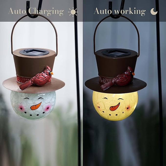 TERESA'S COLLECTIONS Outdoor Christmas Decorations for House, 36'' Snowman Glass Solar Lantern Stake with Brown Cardinal Hat, Xmas Grinch Solar Christmas Lights for Garden Party Decor