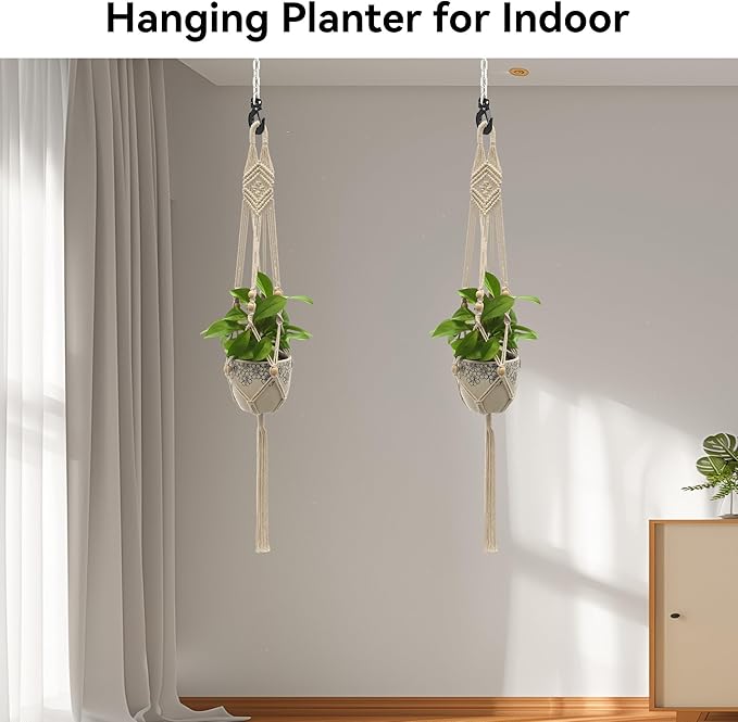 USLAI Macrame Plant Hanger Indoor Outdoor, Up to 4-15 inch Pot, Heavy 20lb Planters, Extra Long Strong Hanging Planter Basket, Boho Home Decor, 41 Inch, Ivory, Set of 2 (POTS NOT Included)