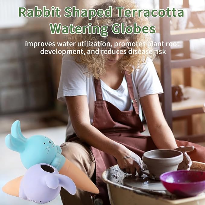 WILDKEN Terracotta Watering Globes, 4 Pack Rabbit Shaped Plant Watering Spikes Vacation Self-Watering Planters Devices for Indoor and Outdoor Plants