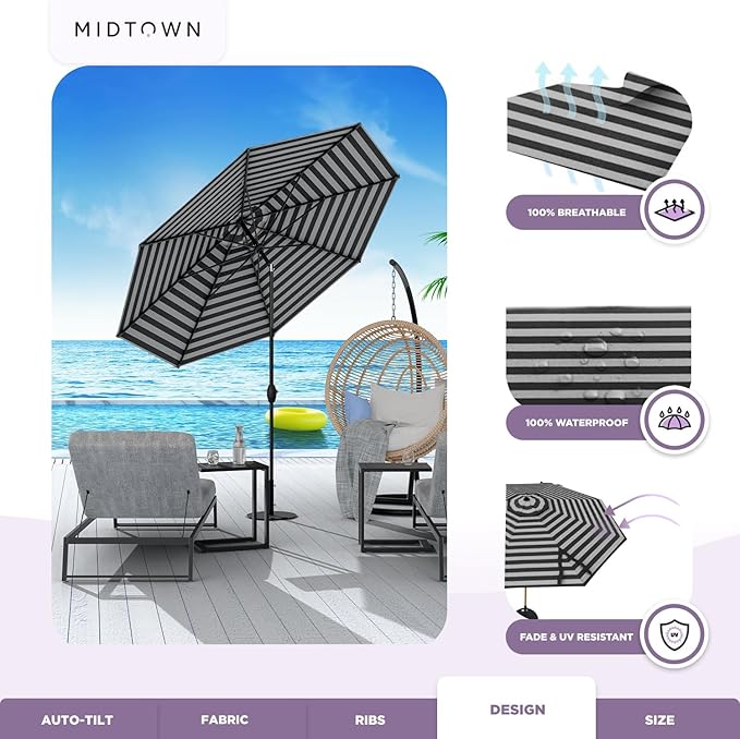 Midtown Umbrellas Sunbrella Umbrella 9 Feet Outdoor Umbrella With Black & White Acrylic Fabric - Auto-Tilt Aluminum Frame Patio Umbrella For Backyard, Deck, Garden, Pool - Black Pole