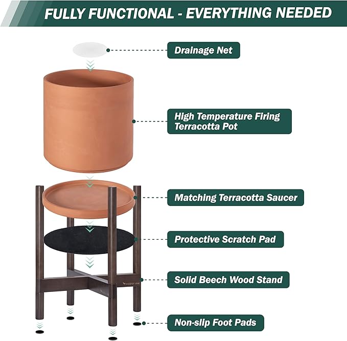 D'vine Dev Terracotta Planter with Walnut Color Stand - 8 Inch Modern Round Flower Pot with Wood Planter Holder, Terracotta, 55-B-Y-5