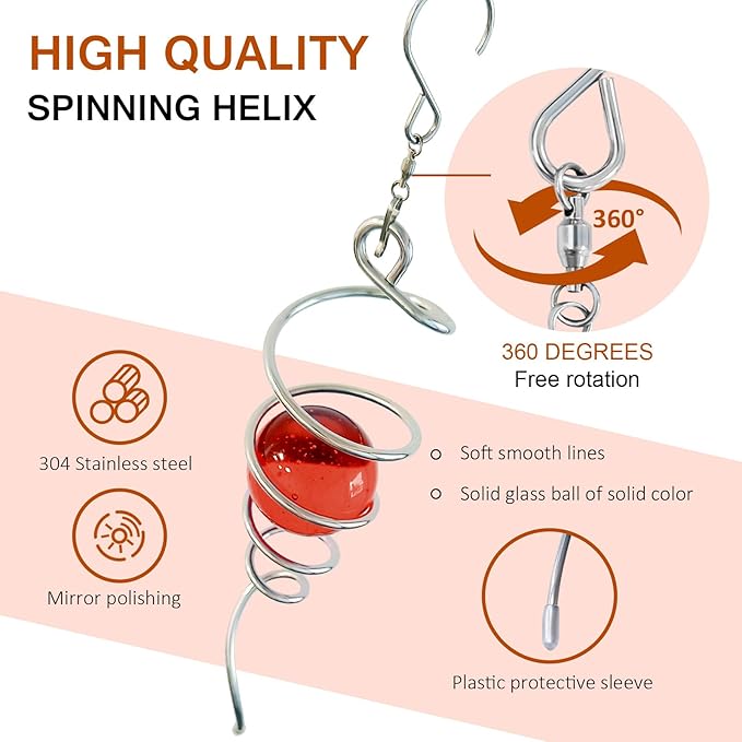 Gazing Ball Spiral Tail Wind Spinner,Decorative Wind Spinner 11inch Tail and 2 inch Glass Orb. Indoor Outdoor Wind Spinner Tail Sun Catcher Garden Decoration-13 inch Height(red)
