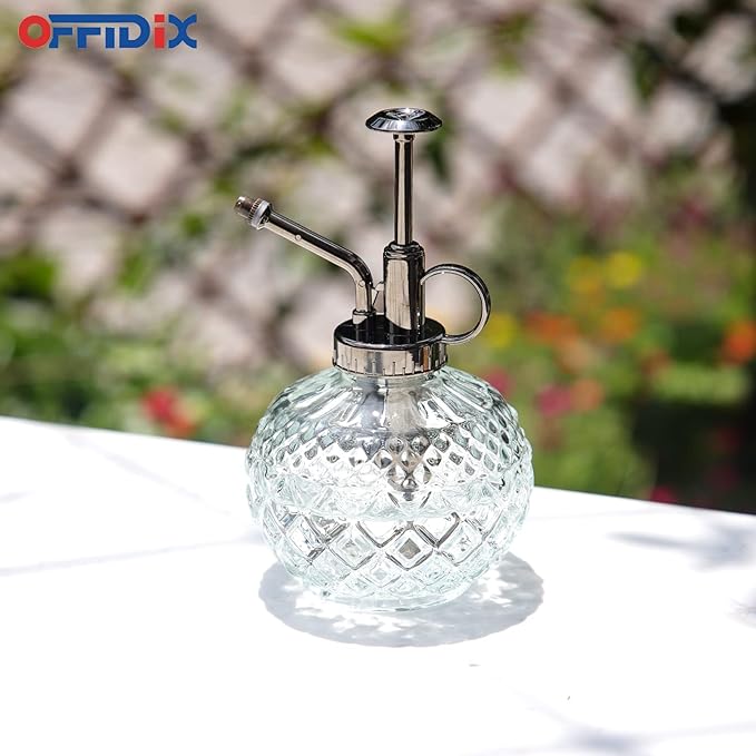 OFFIDIX Plant Mister, 300ML Vintage Glass Spray Bottle with Plastic Top Pump, Small Decorative Spritzer Watering Can for Indoor Outdoor House Plants (Transparent)