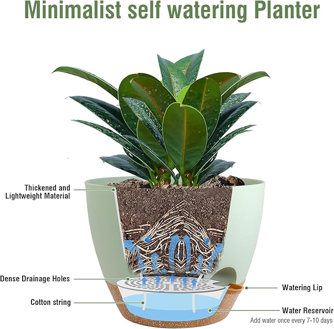 12 inch Large Self Watering Pots, Plant Pots with Mesh Drainage Holes for Indoor Outdoor Plants, Plastic Planters with Deep Reservoir for Garden House Flower Plants, Green with Brown