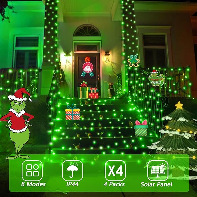 YEGUO 4 Pack Solar Fairy Lights Outdoor Waterproof, Green String Light Each 33ft 100 LED 8 Modes