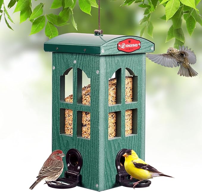 Kingsyard Upgraded Rainproof Bird Feeder for Outdoor Hanging - Metal Feeding Port, Recycled Plastic Wild Bird Feeder with Metal Mesh Tray for Goldfinch Small Bird, Garden Yard Decoration, Green