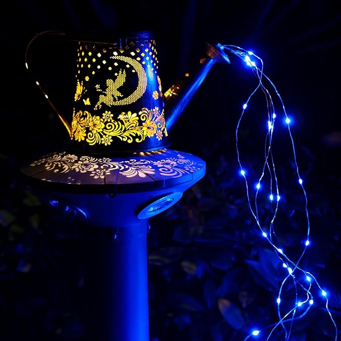 YJFWAL Watering Can With Solar Garden Lights, Fairy Butterfly Decor, Star Shower Art Hanging Waterfall for Outdoor Table, Patio, Yard, Pathway, Walkway (Blue)