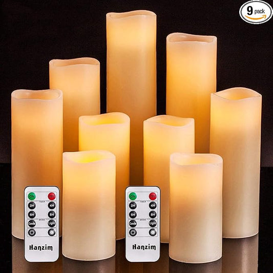 Flameless Flickering Battery Operated Candles 4" 5" 6" 7" 8" 9" Set of 9 Ivory Real Wax Pillar LED Candles with 10-Key Remote and Cycling 24 Hours Timer (Ivory)