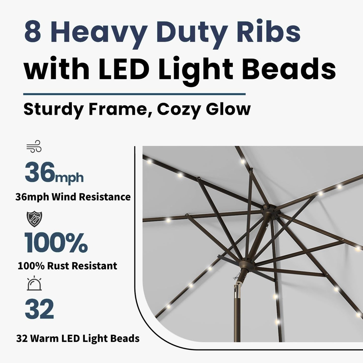 9FT Solar Umbrella 32 LED Lighted Patio Umbrella Table Market Umbrella w/Tilt and Crank, UV-Resistant Outdoor Umbrella for Pool, Garden, Deck, Light Gray