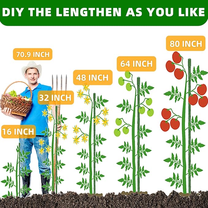 Garden Stakes 16 Inch 70 Pack, Diy 4ft 5ft 6ft 7ft 8ft Tomato Stakes Plastic Coated Metal Plant Sticks Stakes Supports with 40 Connectors 30 Rotatable Clips for Indoor Outdoor Plants Vegetable