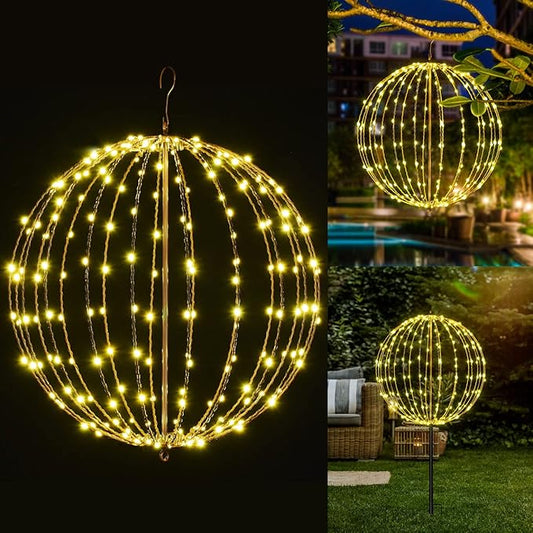 Christmas Ball Light Sphere, 20IN 200LED Hanging Tree Light and Pathway Lights with Hook and Stake, Foldable Metal Frame Light Ball for Outdoor Garden, UL Listed, Brown Frame, Warm White