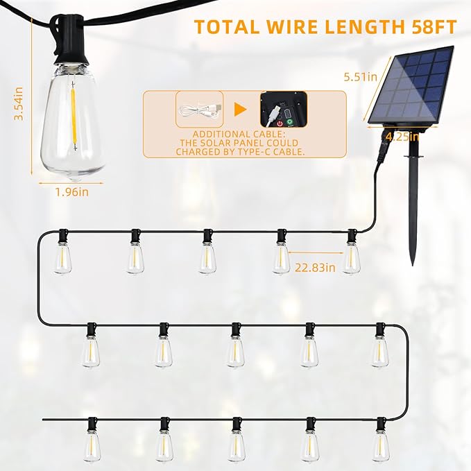 58FT Solar String Lights Waterproof with Remote, ST38 LED Dimmable Globe Outdoor Lights for Patio with 27 Edison Vintage Shatterproof Bulbs, Connectable Backyard Lights for Bistro, Porch