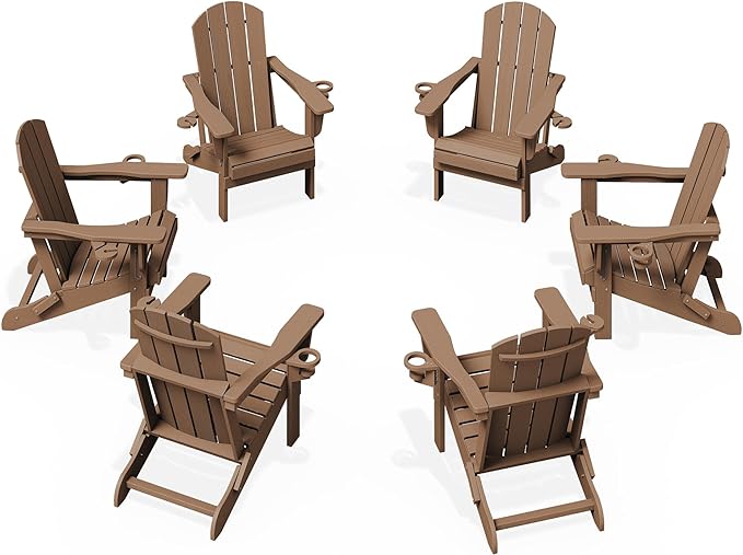KINGYES Folding Adirondack Chair Set of 6, Dual Cup Holders & All-Weather HDPE, Wood-Like Patio Chair for Backyard, Camping, Pool & Fire Pit, Brown