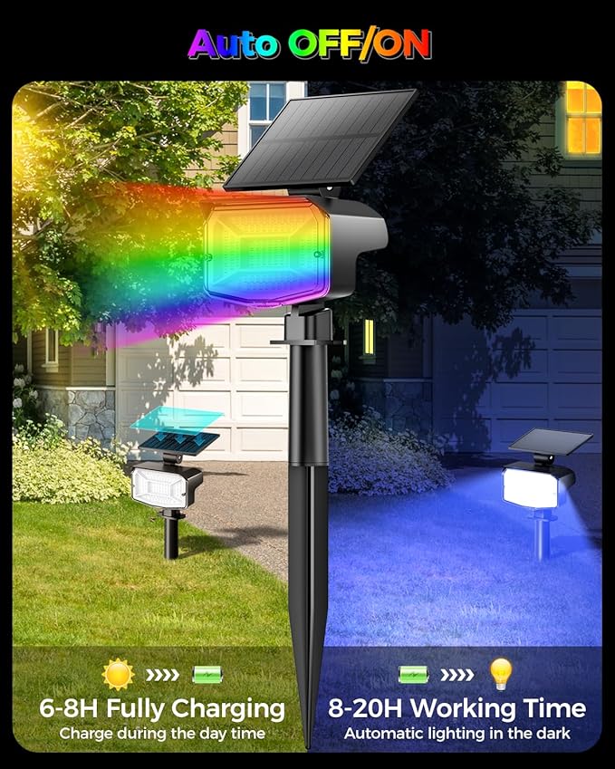 Solar Lights Outdoor Color Changing, 85 LEDs 9 Lighting Modes RGB Solar Outdoor Lights, IP67 Waterproof Multicolor Landscape Spotlights for Halloween Holiday Decorations (6 Pack)