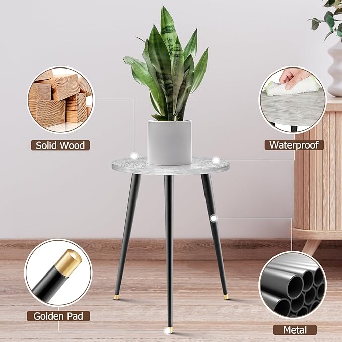 Plant Stand Indoor, Mid Century Wood Plant Stand Grey Plant Table for Flower Pots, Heavy Duty Metal Tall Plant Holder, Modern Home Decor Small Round Side End Table (11.8"x16")