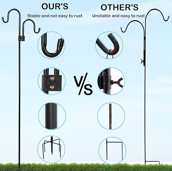 Double Shepherds Hooks For Outdoor 76 Inch, Heavy Duty Metal Bird Feeder Pole Stand With 5 Base Prongs, 28.5 To 76 Inch Adjustable Garden Holder For Hanging Plant, Wind Chimes, Wedding Garden Etc