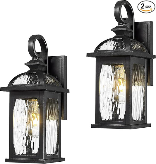 zeyu 2 Pack Outdoor Wall Lamps, 15-inch Black Exterior Light Fixtures for Patio House, Die-Cast Aluminum with Water Ripple Glass, Black Finish, ZD100B-2PK BK-WP