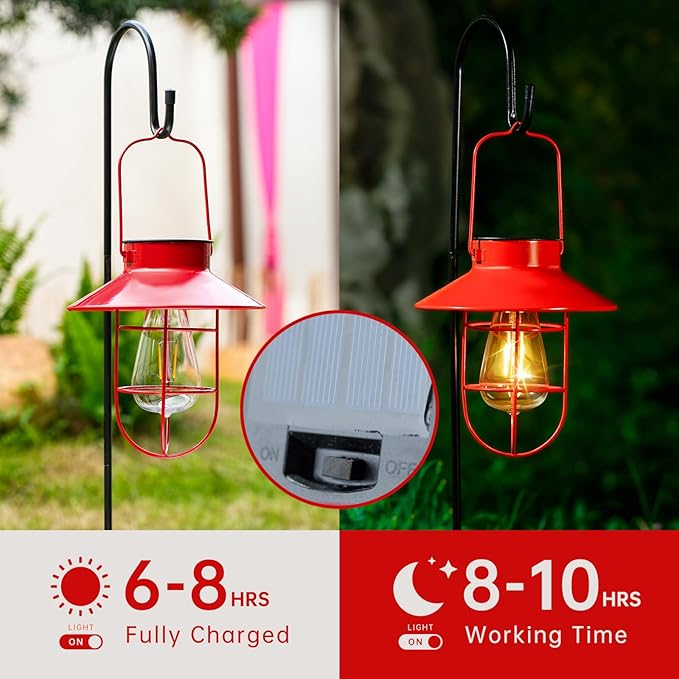 Solar Lights Lantern Lamp with Shepherd Hook, Solar Metal Lanterns, Outdoor Lights Decor,Edison Bulb Lights for Garden ,Outside Decor for Pathways,Patio, Lawn, or Landscaping(Red)