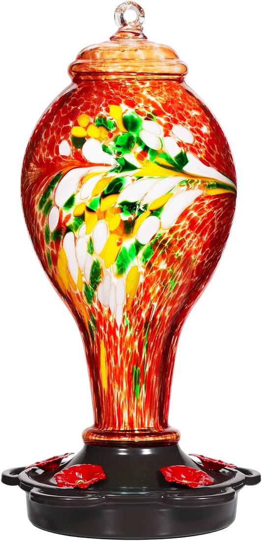 LUJII Hummingbird Feeder for Outdoors, Hand Blown Glass Humming Bird Feeder, Anti Fade Leakproof with 25 Ounces Nectar Capacity, Easy to Install Clean Refill, Include Hook & Ant Moat (Red)