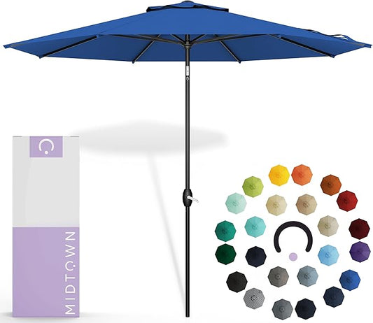 Midtown Umbrellas Sunbrella Umbrella 9 Feet Outdoor Umbrella With Dark Blue Acrylic Fabric - Auto-Tilt Aluminum Frame Patio Umbrella For Backyard, Deck, Garden, Pool - Black Pole