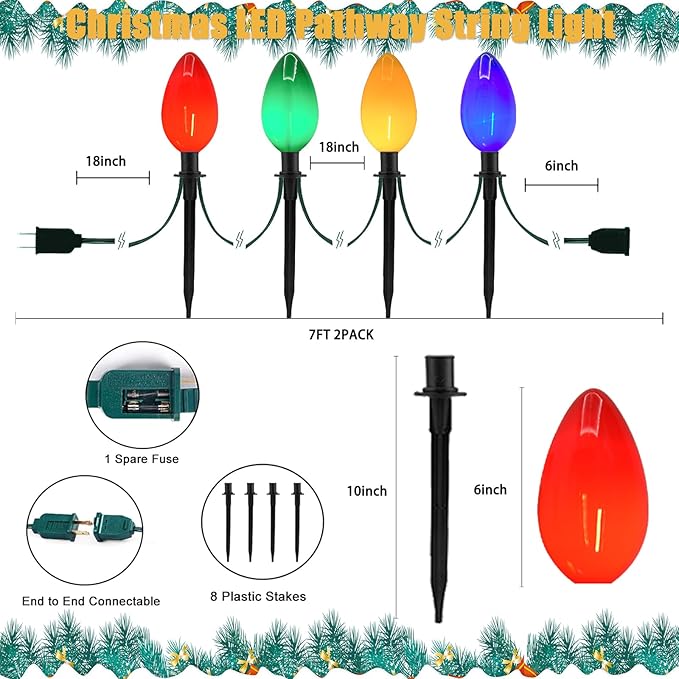 Jumbo C9 Christmas Pathway Lights Outdoor, 2 Pack 7FT C9 Christmas Walkway Lights with 4 LED Jumbo Multicolor Bulbs, Christmas Yard Decoration Lights for Outside Lawn Garden Driveway, 8 Lights
