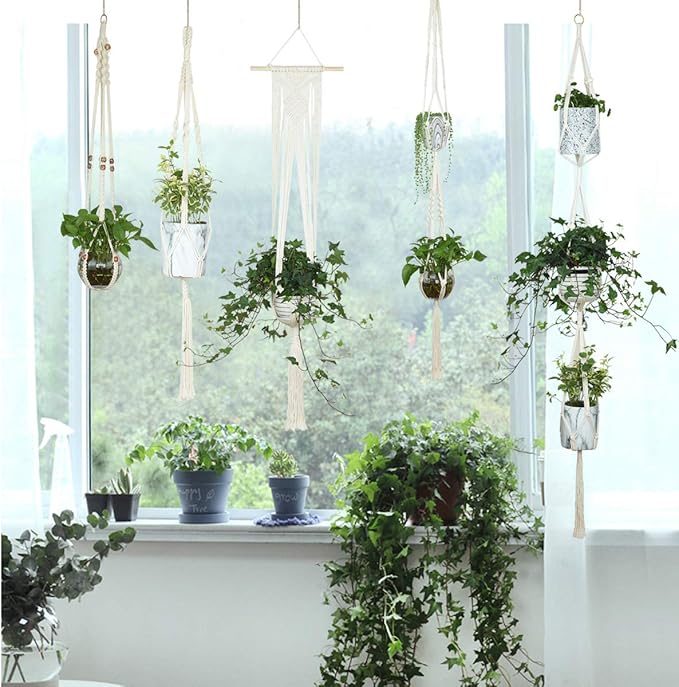JES&MEDIS 5-Pack Macrame Plant Hangers with 5 Hooks, Different Tiers, Handmade Cotton Rope Hanging Planters Set Flower Pots Holder Stand, for Indoor Outdoor Boho Home Decor