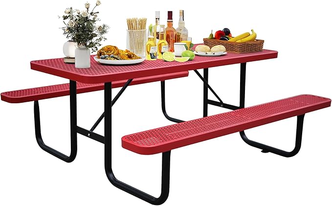 6FT Metal Picnic Tables for Outdoors, Commercial Rectangular Picnic Table and Bench Set for Outside, Patio, Garden, Backyard, Porch, Surface Mount, Red