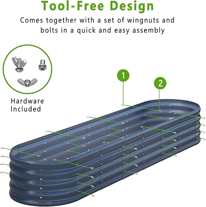 KFN 2PCS 8x1.8x1FT Galvanized Raised Garden Bed,Raised Garden Bed Kit-Oval Metal Vegetable Box,Large Planter Flower Boxes Outdoor,Planting for Vegetables,Flower,Herb,Grey,0.7mm