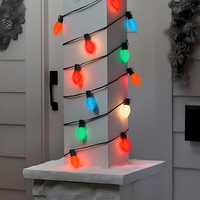 C7 LED Multicolor Christmas String Lights, 25Ft Outdoor Patio String Lights with 27 Colorful LED Bulbs(2 Spare), Hanging Vintage Christmas Lights for Christmas Tree Patio Wedding Porch Holiday Decor