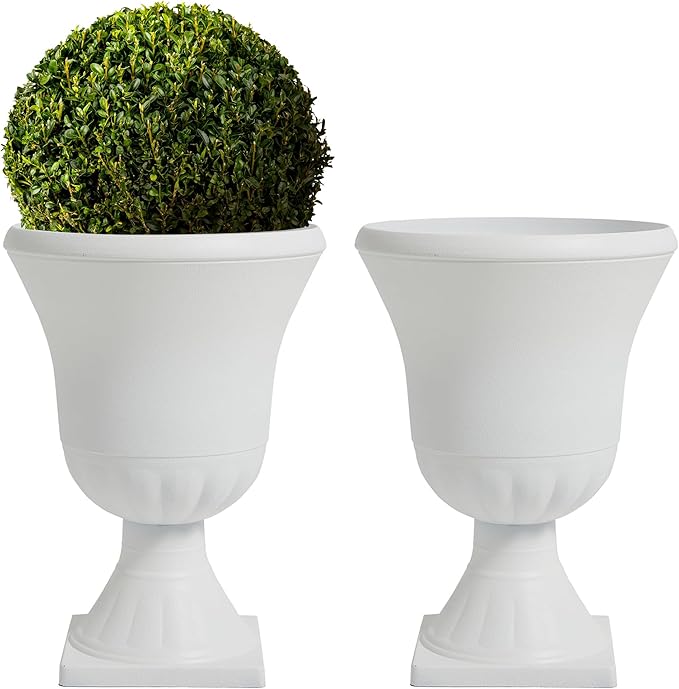 Worth Garden 2-Pack Plastic Urn Planters - 22'' Tall Round Classic Resin Flower Pots Pure White Traditional Large Plant Pots for Front Porch Patio Deck Wedding Decoration Pot - Indoor & Outdoor
