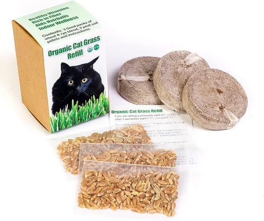 Cat Grass Refill Kit, Includes Seeds and Peat Soil Pellets, 3 Pack, Certified Organic (3 Seed Packs)