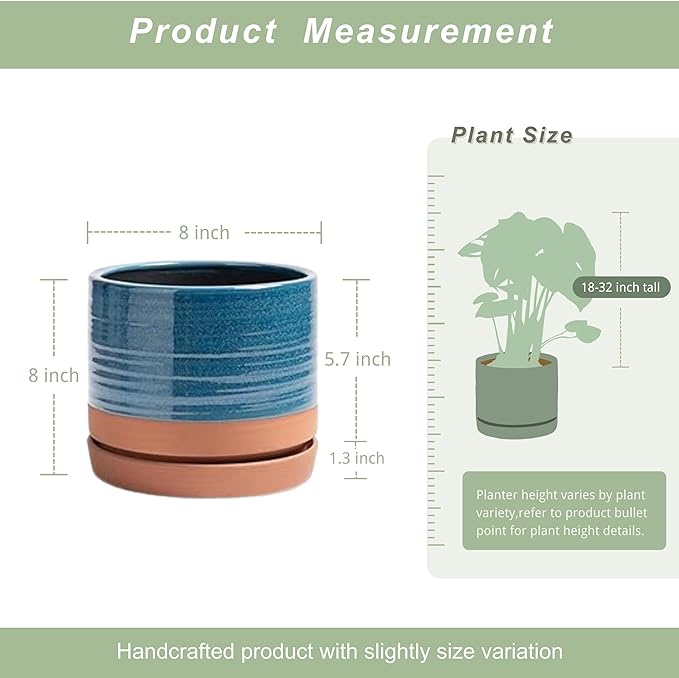 8 Inch Pots for Plants, Ceramic Planter Pot with Drainage Hole & Saucer, Indoor/Outdoor Cylinder Round Planter Pot, Blue & Terracotta