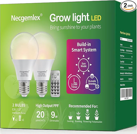 Smart LED Grow Light Bulbs with Remote Controller, Sun Mode, Built-in Daily Auto Timer, 4500K, A21/A70 E26/E27 9W Dimmable Full Spectrum Grow Bulbs for Indoor Plants, 2 Pack