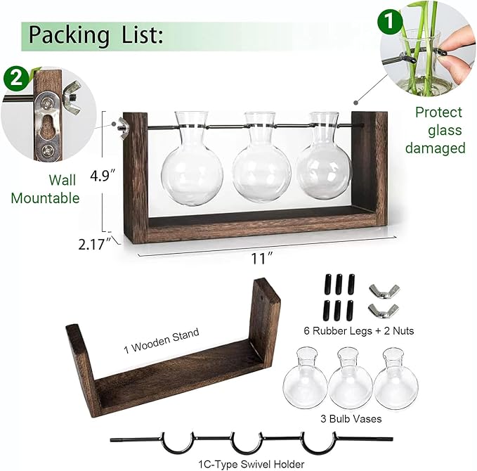 Ivolador Wall Hanging Plant Propagation Station,Bulb Plant Terrarium with Wooden Stand,Unique Gardening Gifts for Women Plant Lovers,Hydroponic Indoor Planter Home Office Decor-3 Bulb Glass Vases