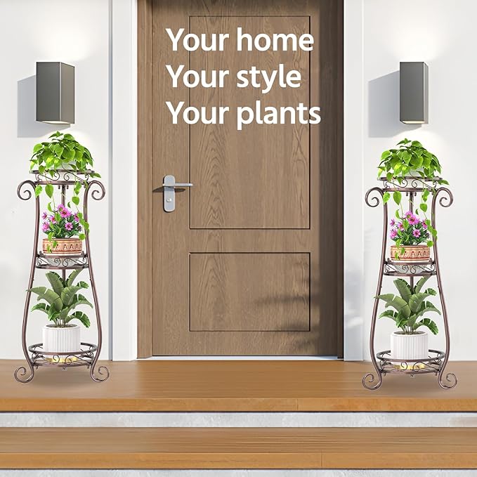 LASZOLA 3 Tier Bronze Metal Plant Stand for Multiple Large Planters Indoor Outdoor Organizer, Heavy Duty Tall Flower Stand for Corner Patio Bathroom Office, Modern Sturdy Vertical Iron Rack, Cat Proof