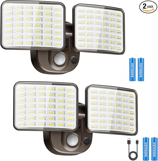 Rechargeable Battery-Powered Motion Light (1-3 Months Endurance), 2500LM Standard & 4000LM High-Brightness Dual Modes, USB Charging Outdoor LED Flood Light for Garage,Yard,Patio,Garden (Brown) 2 Packs