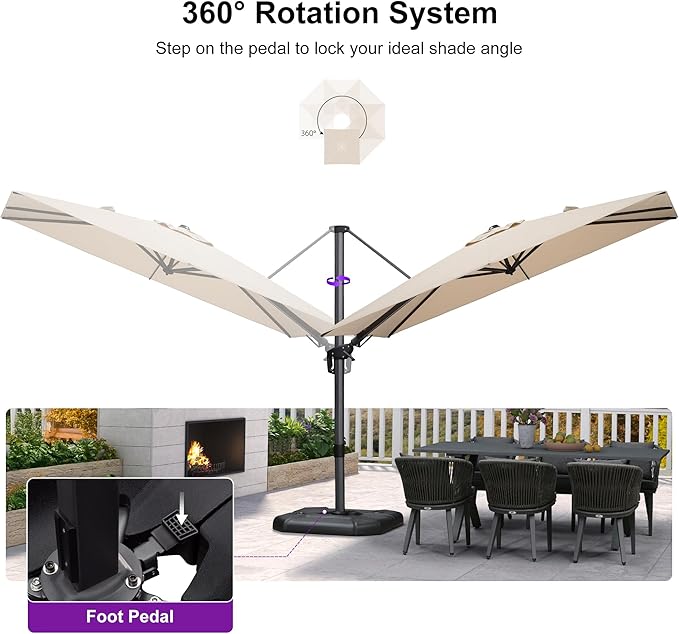 PURPLE LEAF 6.5' X 10' Left-right Tilt Patio Umbrella with Base Outdoor Cantilever Swivel Rectangle Umbrella Aluminum Offset Umbrella with 360-degree Rotation for Garden Deck Pool Patio Beige