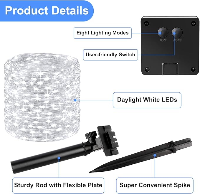 Brightever Solar Outdoor LED String Lights 288Ft Waterproof, 4-Pack Each 72FT 200 LED Solar Powered Fairy Lights with 8 Modes, Outside Twinkle Lights for Backyard, Balcony, Christmas (Daylight White)