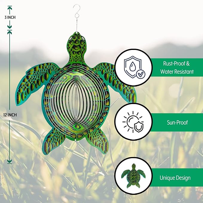 Turtle Ornament Wind Spinners for Yard and Garden, Metal Ornaments for Garden Décor, Outdoor Wind Spinner, Turtle Gifts for Turtle Lovers, Outdoor Garden Decoration, 12 inch Wall Décor by ISEO