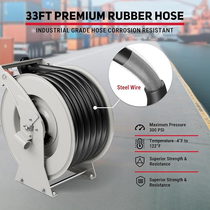 Fuel Hose Reel 1" x 33', 300 PSI Heavy-duty Steel Construction with Refueling Nozzle, Diesel Fuel Reel Used for Aircraft Ship Vehicle Tanker Truck