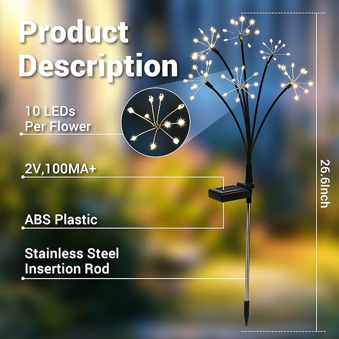 Solar Garden Decor Lights Outdoor, Solar Powered Lights Waterproof for Yard Patio Porch Flowerbed, Fairy Gardening Supplies Gifts Firwork(6 Pack Warm White)