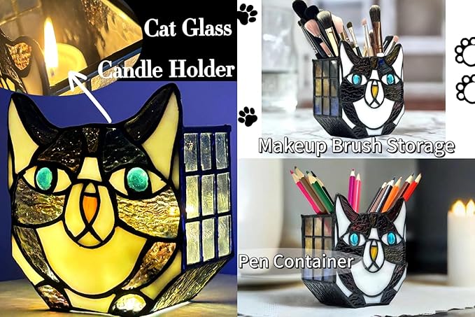 Tiffany Cute Cat Stained Glass Flower Pots,Indoor and Outdoor Plant Displays,Black Cat Plant Planter,Candle Holder Container Decoration 4.6 x 5.15 x 3 inch(Without Succulents)